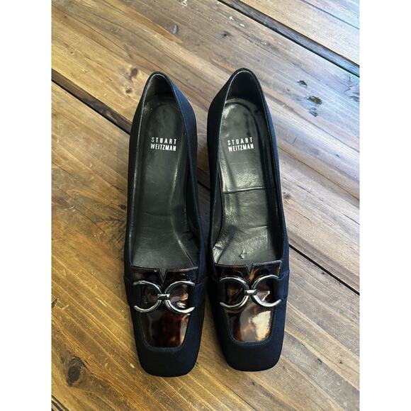 Stuart Weitzman Shoes Size 8 M Black Suede Square Toe Block Heels Pumps Classic - Picture 6 of 12